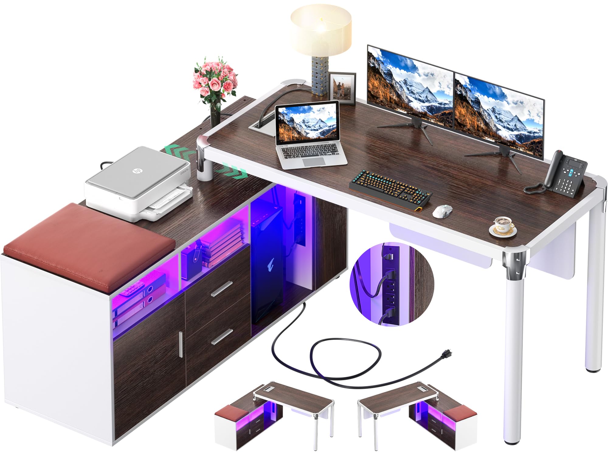 Cyclysio L Shaped Desk with File Cabinet and Power Strip, Reversible Corner Office Desk with LED Lights, Large L-Shaped Computer Desk with Drawer and Storage for Home Office, Soft Cushions, Espresso