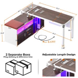 Cyclysio L Shaped Desk with File Cabinet and Power Strip, Reversible Corner Office Desk with LED Lights, Large L-Shaped Computer Desk with Drawer and Storage for Home Office, Soft Cushions, Espresso