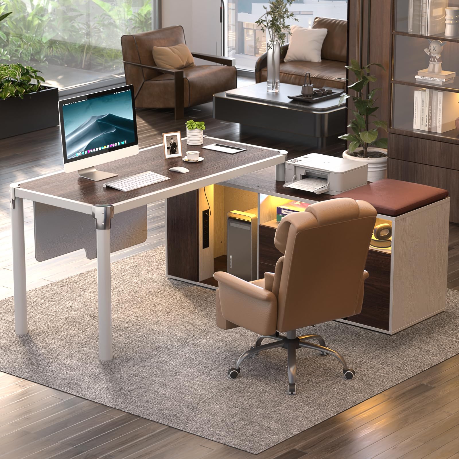 Cyclysio L Shaped Desk with File Cabinet and Power Strip, Reversible Corner Office Desk with LED Lights, Large L-Shaped Computer Desk with Drawer and Storage for Home Office, Soft Cushions, Espresso