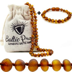 baltic proud amber necklace and bracelet gift set (unisex cognac raw 12.5 inches/5.5 inches) - certified premium quality raw baltic sea amber