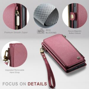 Defencase for iPhone 13 Pro Case, RFID Blocking for iPhone 13 Pro Wallet Case for Women Men with Card Holder, Zipper Magnetic Flip PU Leather Protective Cover for iPhone 13 Pro Phone Case, Wine Red