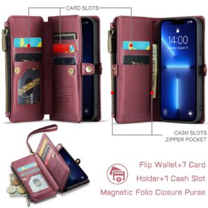 Defencase for iPhone 13 Pro Case, RFID Blocking for iPhone 13 Pro Wallet Case for Women Men with Card Holder, Zipper Magnetic Flip PU Leather Protective Cover for iPhone 13 Pro Phone Case, Wine Red