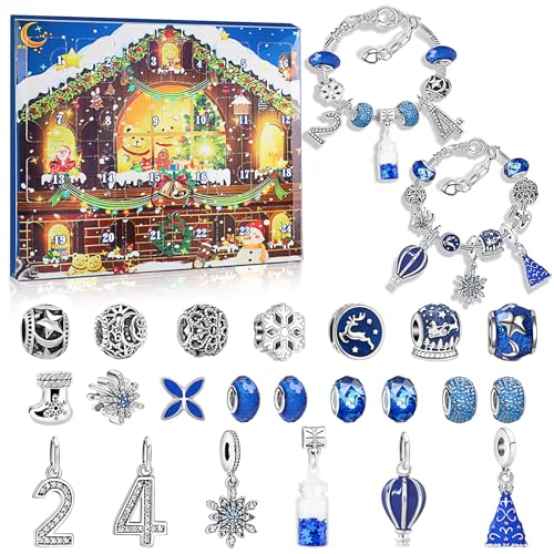 Christmas Advent Calendar 2023 Girls, 24 Days Christmas Countdown Calendar, Xmas Charm Bracelets for Girls, Stocking Stuffer Gifts Idea, DIY Jewelry Bracelet Making Kit for Kids-Blue