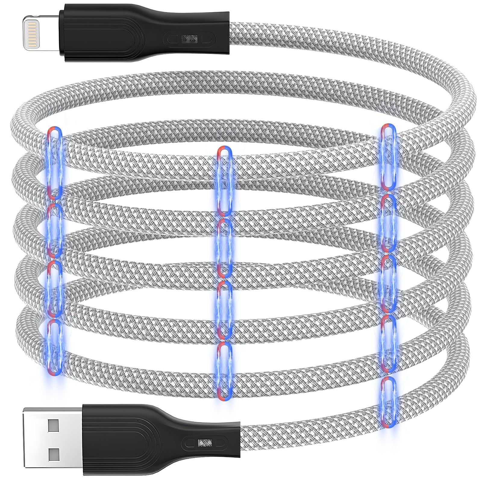 Magtame iPhone Charger Lightning Cable, 3.3ft Magnetic Coiled iPhone Cable Fast Charging Braided Charger Cord, MFi Certified Compatible with iPhone 14 13 12 11 Pro Max Plus Tangle-Free and Durable