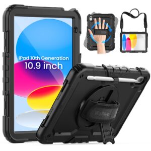 Wgdttve iPad 10th Generation (10.9 inch 2022) Case, Built-in Screen Protector,Shockproof with Pencil Holder 360° Rotating Hand Strap&Stand Shoulder Strap,Case for iPad 10.9 inch Tablet Cover (Black)