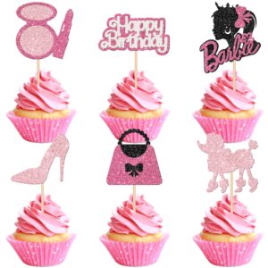 30 Pack Princess Cupcake Toppers Glitter Happy Birthday Lipstick High Heel Bag Cupcake Picks for Baby Shower Bridal Shower Wedding Princess Birthday Anniversary Theme Party Cake Decorations Pink Black