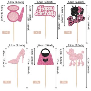 30 Pack Princess Cupcake Toppers Glitter Happy Birthday Lipstick High Heel Bag Cupcake Picks for Baby Shower Bridal Shower Wedding Princess Birthday Anniversary Theme Party Cake Decorations Pink Black