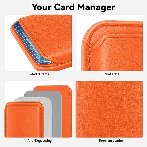 Amzone Magsafe Cell Phone Card Holder for iPhone 15 Series, Stronger Magnetic RFID Leather Phone Wallet Stick on Series of iPhone 14/13/12 and Pro/Promax, Orange