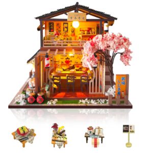 DIY Miniature Dollhouse Kit, Japanese Tiny House Model with Music Box, LED Light, Dust Proof Cover, 3D Wooden Puzzle for Adults, Creative Handmade Crafts Home Decor Hobby Birthday Gift (Sushi Shop)