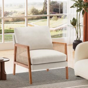 alunaune ivory accent chair natural rattan armchair upholstered living room chairs, modern slipper club chair guest reception couch comfy single sofa for reading bedroom