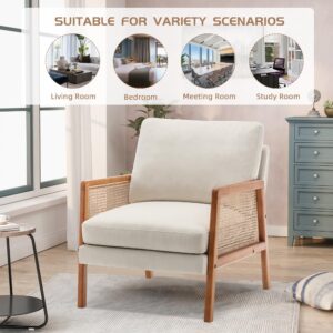 Alunaune Ivory Accent Chair Natural Rattan Armchair Upholstered Living Room Chairs, Modern Slipper Club Chair Guest Reception Couch Comfy Single Sofa for Reading Bedroom