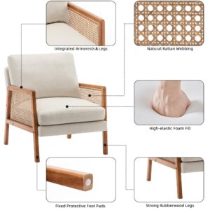 Alunaune Ivory Accent Chair Natural Rattan Armchair Upholstered Living Room Chairs, Modern Slipper Club Chair Guest Reception Couch Comfy Single Sofa for Reading Bedroom