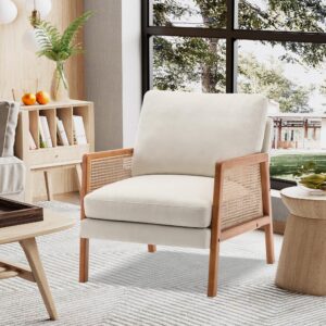 Alunaune Ivory Accent Chair Natural Rattan Armchair Upholstered Living Room Chairs, Modern Slipper Club Chair Guest Reception Couch Comfy Single Sofa for Reading Bedroom