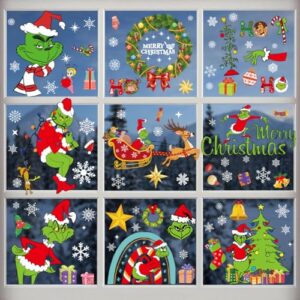 FAMYGFT Grinch Window Clings,Double Sided Elf Snowflake Merry Christmas Window Cling Glass Window Holiday Xmas Winter Window Sticker Decal Christmas Decor Glass Door Car Mirror Home Office Classroom