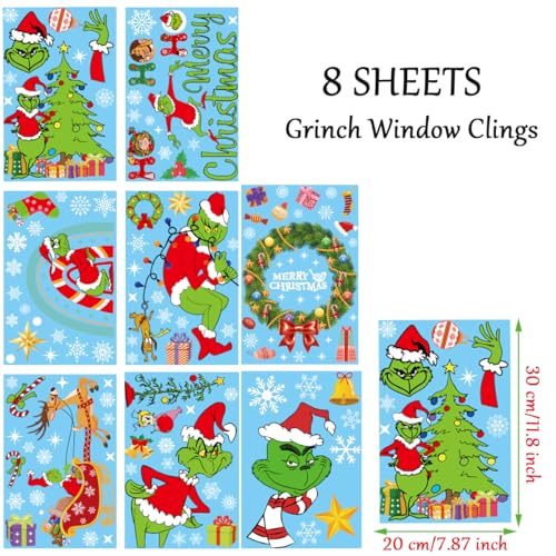 FAMYGFT Grinch Window Clings,Double Sided Elf Snowflake Merry Christmas Window Cling Glass Window Holiday Xmas Winter Window Sticker Decal Christmas Decor Glass Door Car Mirror Home Office Classroom