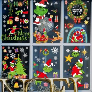 FAMYGFT Grinch Window Clings,Double Sided Elf Snowflake Merry Christmas Window Cling Glass Window Holiday Xmas Winter Window Sticker Decal Christmas Decor Glass Door Car Mirror Home Office Classroom