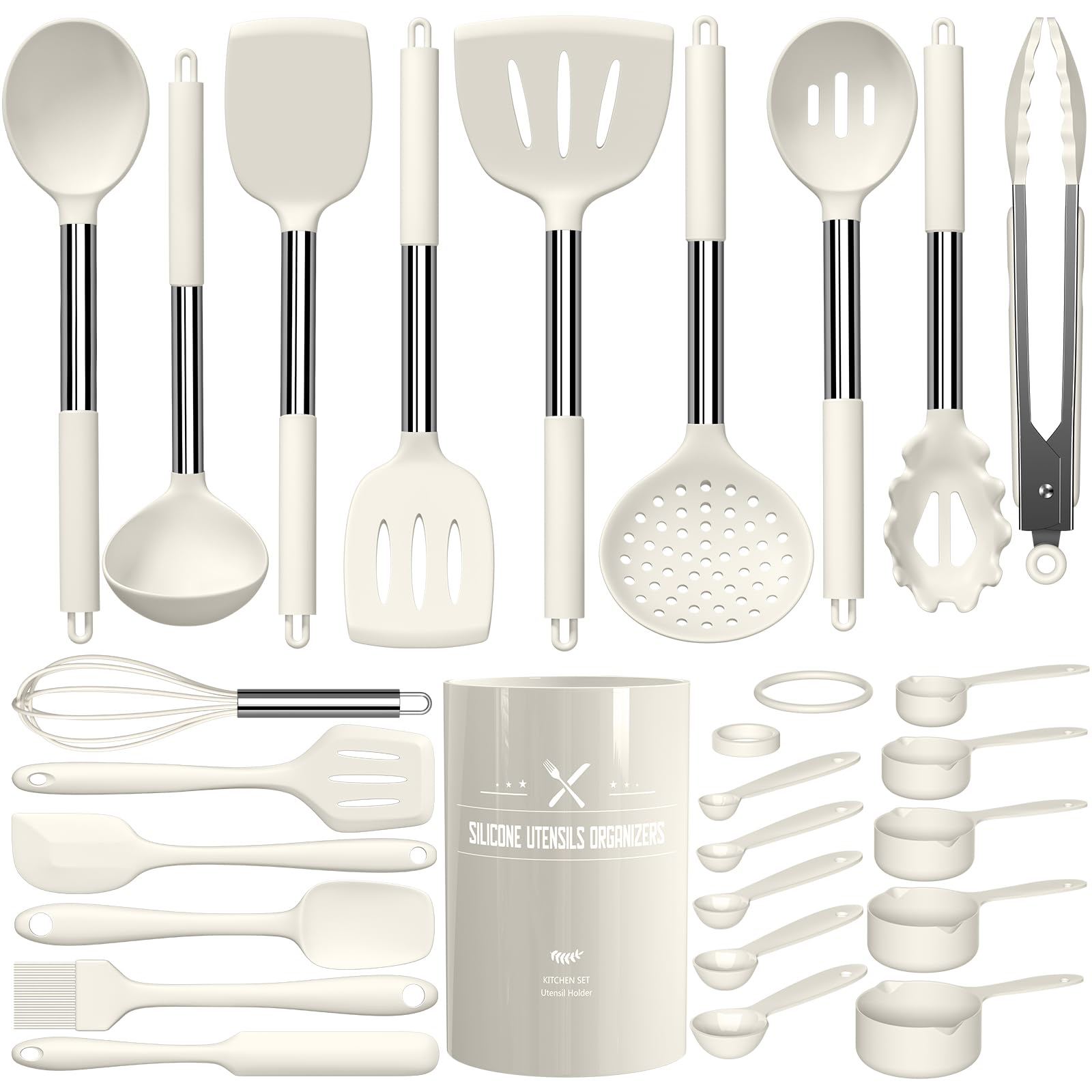 Kitchen Utensils Set-Umite Chef 26 Pcs Silicone Cooking Utensil Set for Nonstick Cookware-Large Silicone Spatulas Set, Stainless Steel Handle-Cream Kitchen Tools, Dishwasher Safe