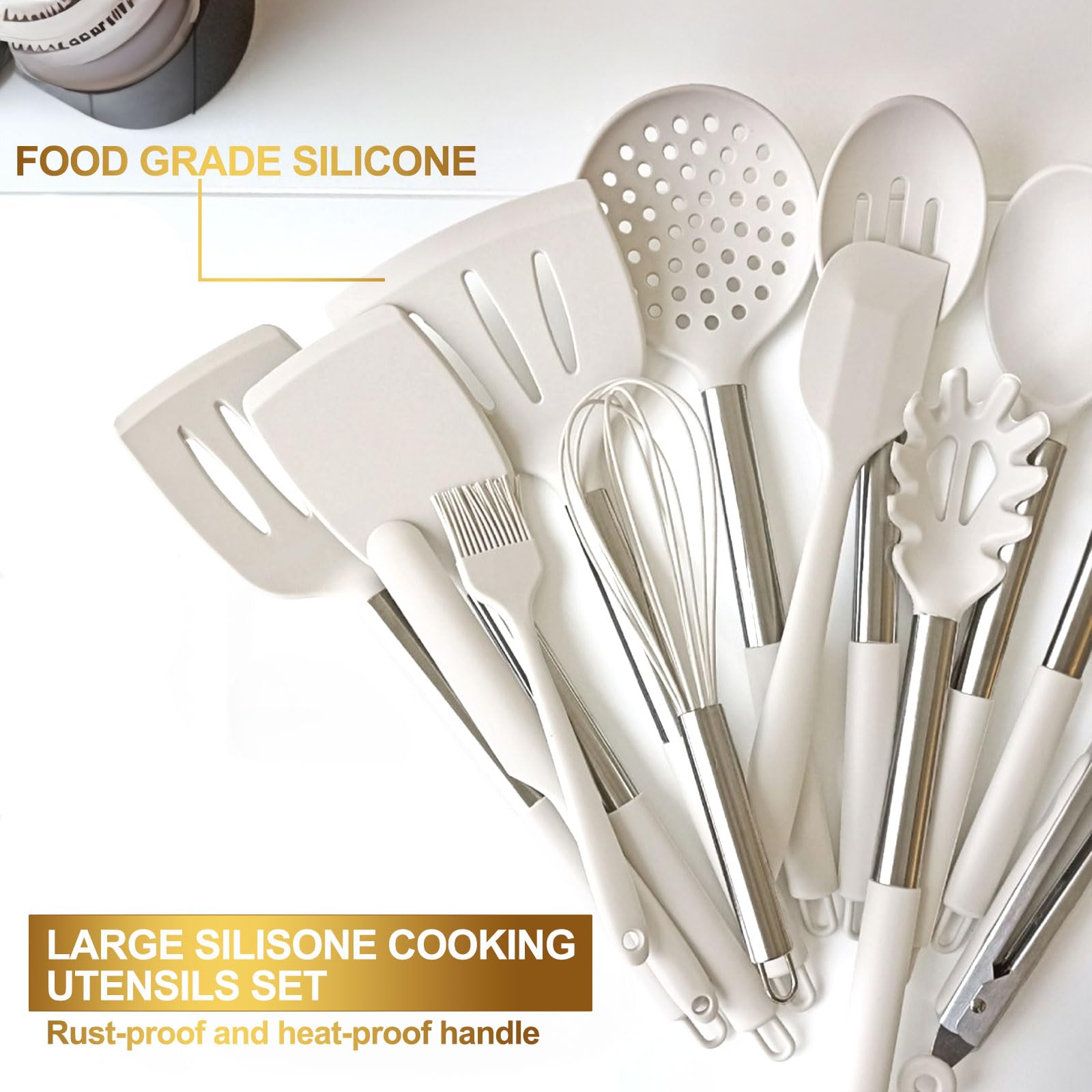 Kitchen Utensils Set-Umite Chef 26 Pcs Silicone Cooking Utensil Set for Nonstick Cookware-Large Silicone Spatulas Set, Stainless Steel Handle-Cream Kitchen Tools, Dishwasher Safe