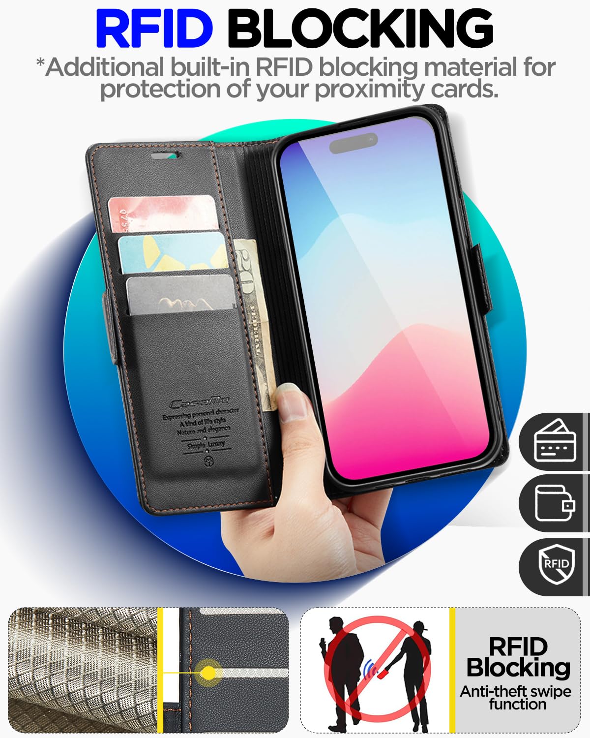 AICase iphone 15 Pro Wallet Case with [RFID Blocking] Leather Flip Folio Strong Magnetic Closure Protective Cover Credit Card Holder Kickstand Men Women for iphone 15 Pro 6.1"_1 Black