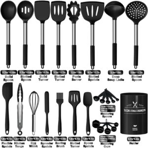 Silicone Kitchen Utensils Set, Umite Chef Large Heat Resistant Cooking Utensil, 26Pcs Silicone Spatulas Set, Stainless Steel Handle, Black Kitchen Gadgets Tools Set for Nonstick Cookware