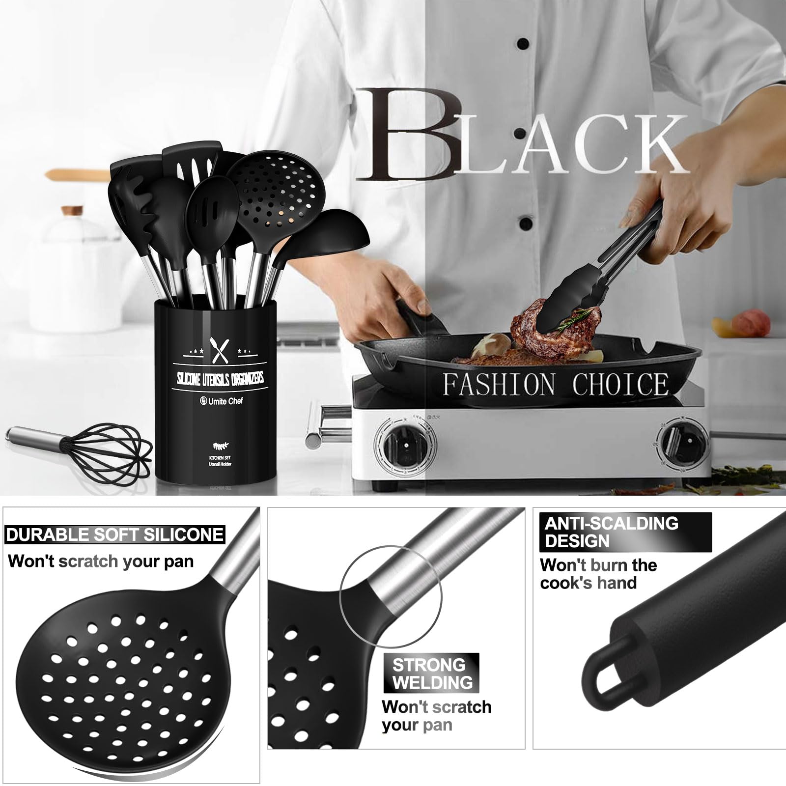 Silicone Kitchen Utensils Set, Umite Chef Large Heat Resistant Cooking Utensil, 26Pcs Silicone Spatulas Set, Stainless Steel Handle, Black Kitchen Gadgets Tools Set for Nonstick Cookware