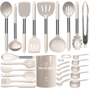 large silicone kitchen utensils set, umite chef heat resistant cooking utensil with stainless steel handle, spatula, spoon, khaki silicone cooking utensil for nonstick cookware, dishwasher safe