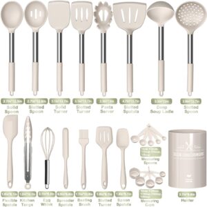 Large Silicone Kitchen Utensils Set, Umite Chef Heat Resistant Cooking Utensil with Stainless Steel Handle, Spatula, Spoon, Khaki Silicone Cooking Utensil for Nonstick Cookware, Dishwasher Safe