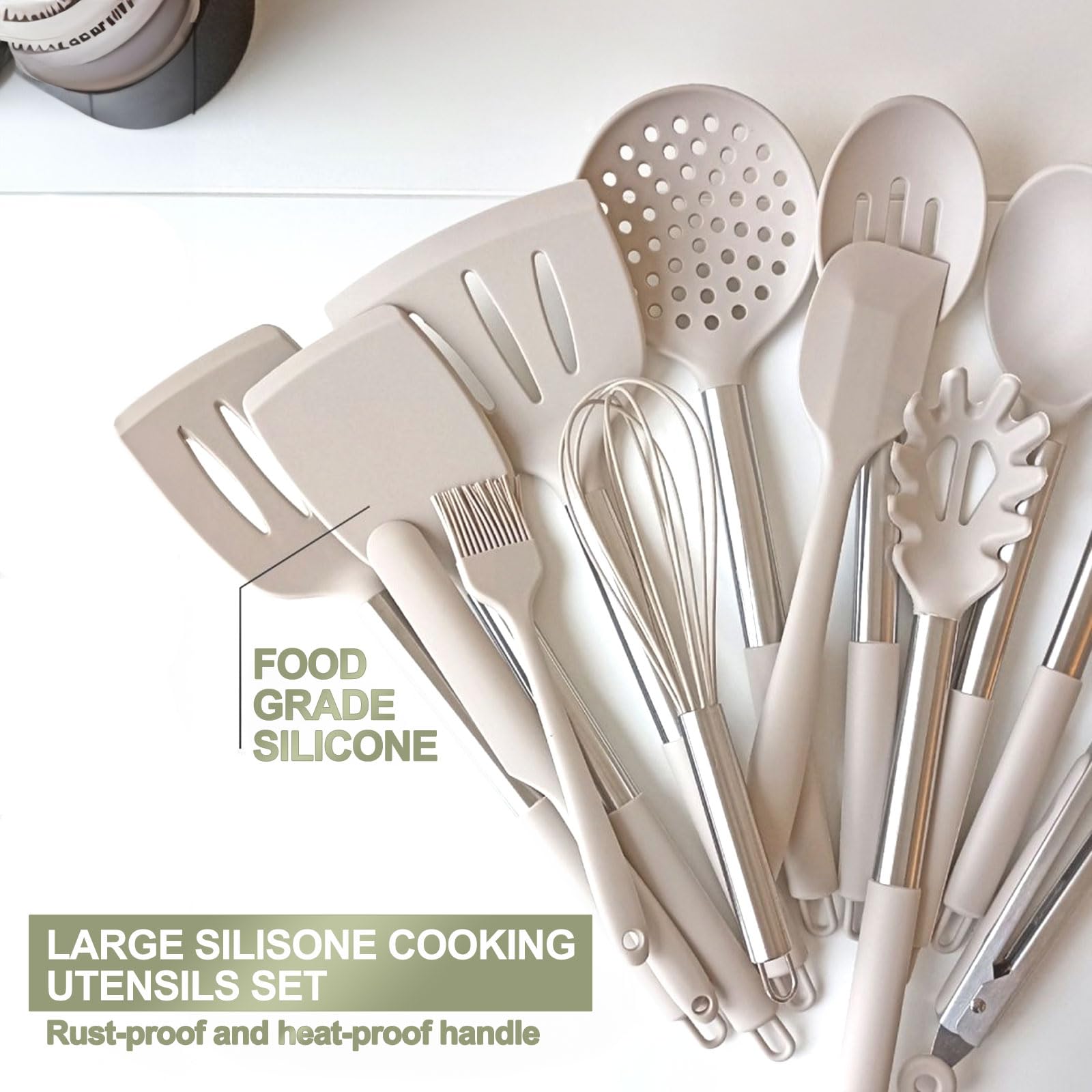 Large Silicone Kitchen Utensils Set, Umite Chef Heat Resistant Cooking Utensil with Stainless Steel Handle, Spatula, Spoon, Khaki Silicone Cooking Utensil for Nonstick Cookware, Dishwasher Safe