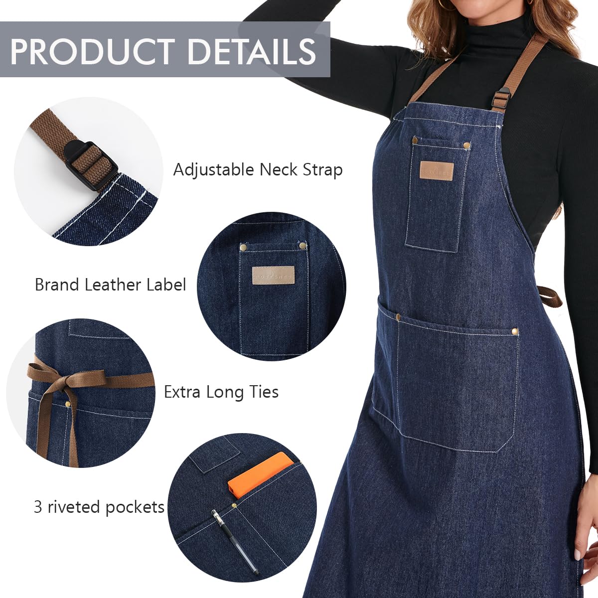 ROTANET Denim Work Apron with 3 Pockets Jean Shop Aprons for Chef Hairstylist Kitchen Woodworking for Men Women Blue