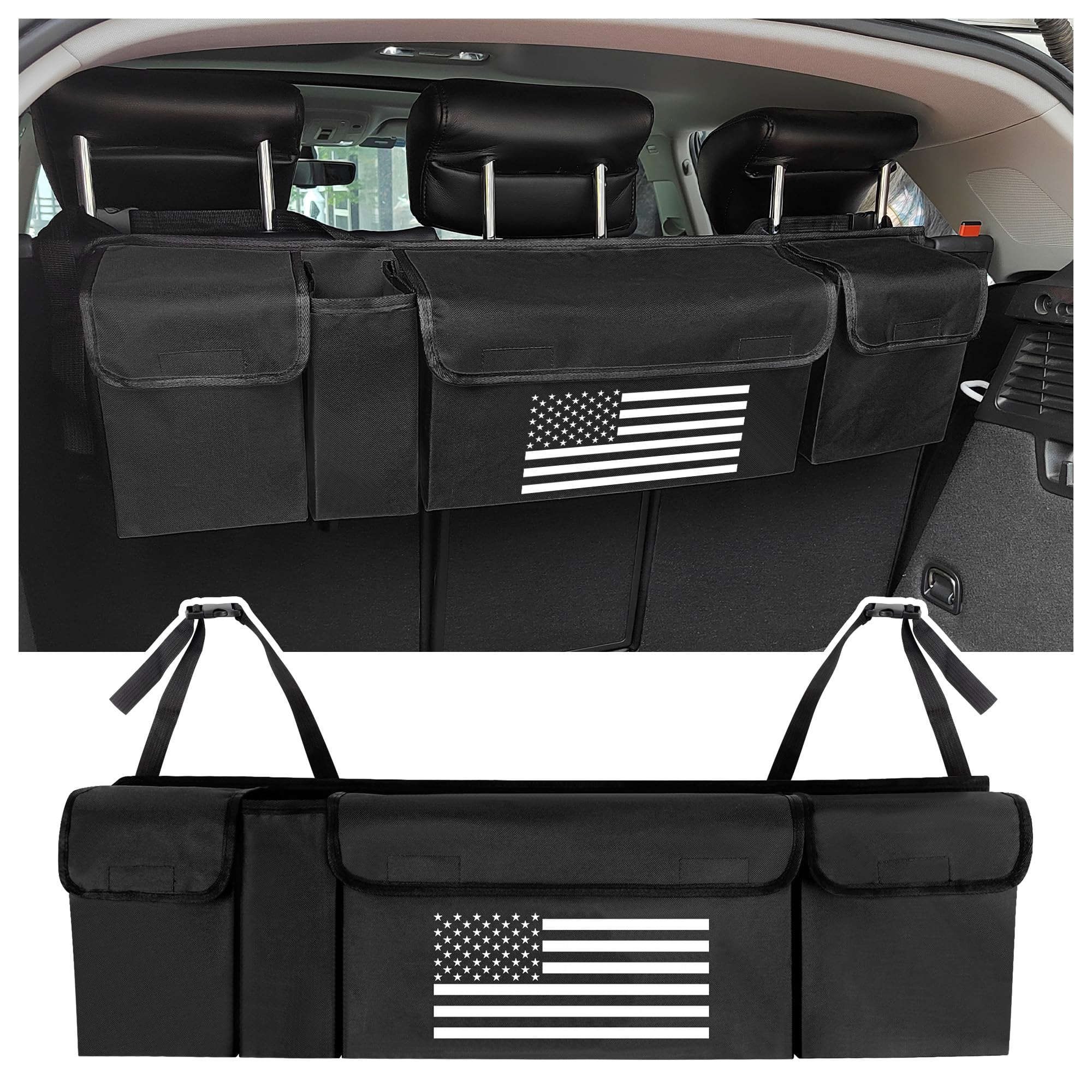 Turcee Car Trunk Organizer,Large Capacity Car Storage Organizer with US Flag Design,Hanging Foldable Car Organizers and Storage Car Interior Accessories (Black)