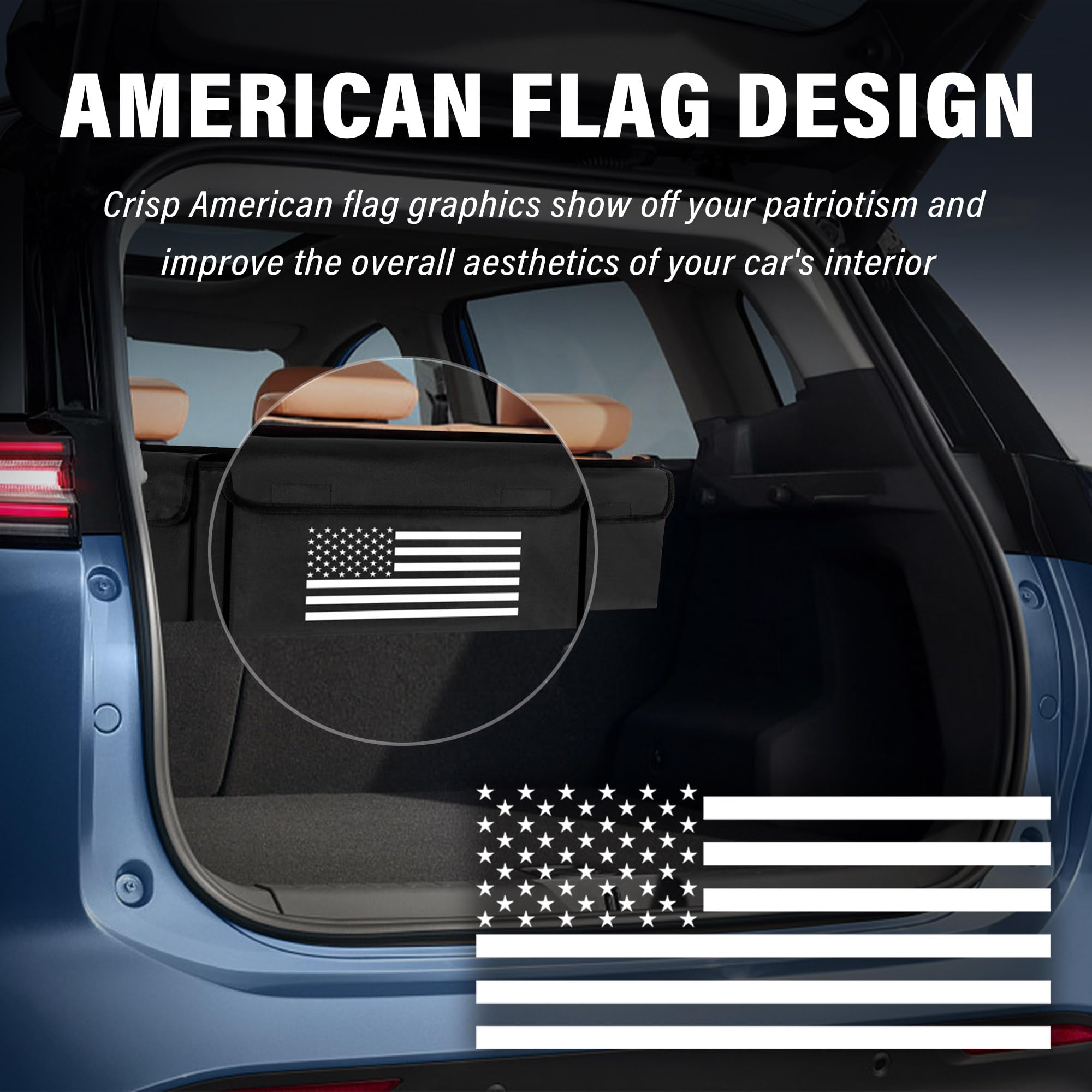 Turcee Car Trunk Organizer,Large Capacity Car Storage Organizer with US Flag Design,Hanging Foldable Car Organizers and Storage Car Interior Accessories (Black)