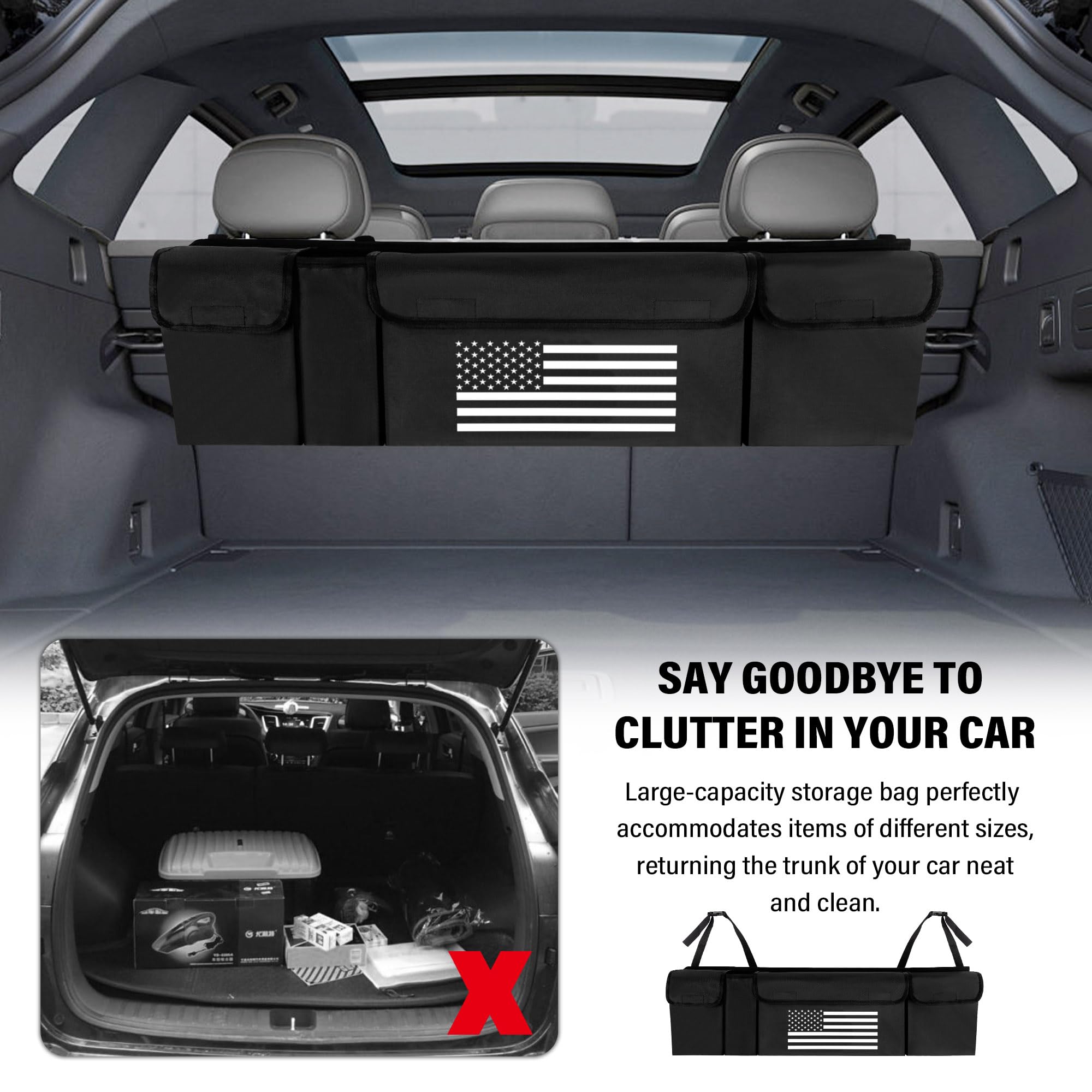 Turcee Car Trunk Organizer,Large Capacity Car Storage Organizer with US Flag Design,Hanging Foldable Car Organizers and Storage Car Interior Accessories (Black)