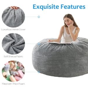 WhatsBedding [Sherpa Fabric] Bean Bag Chair: 3 ft Memory Foam Bean Bag Chairs for Teens/Kids with Filling,Ultra Soft Faux Fur Fabric, Large Bean Bag with Filler for Living Room,3 Foot,Light Grey