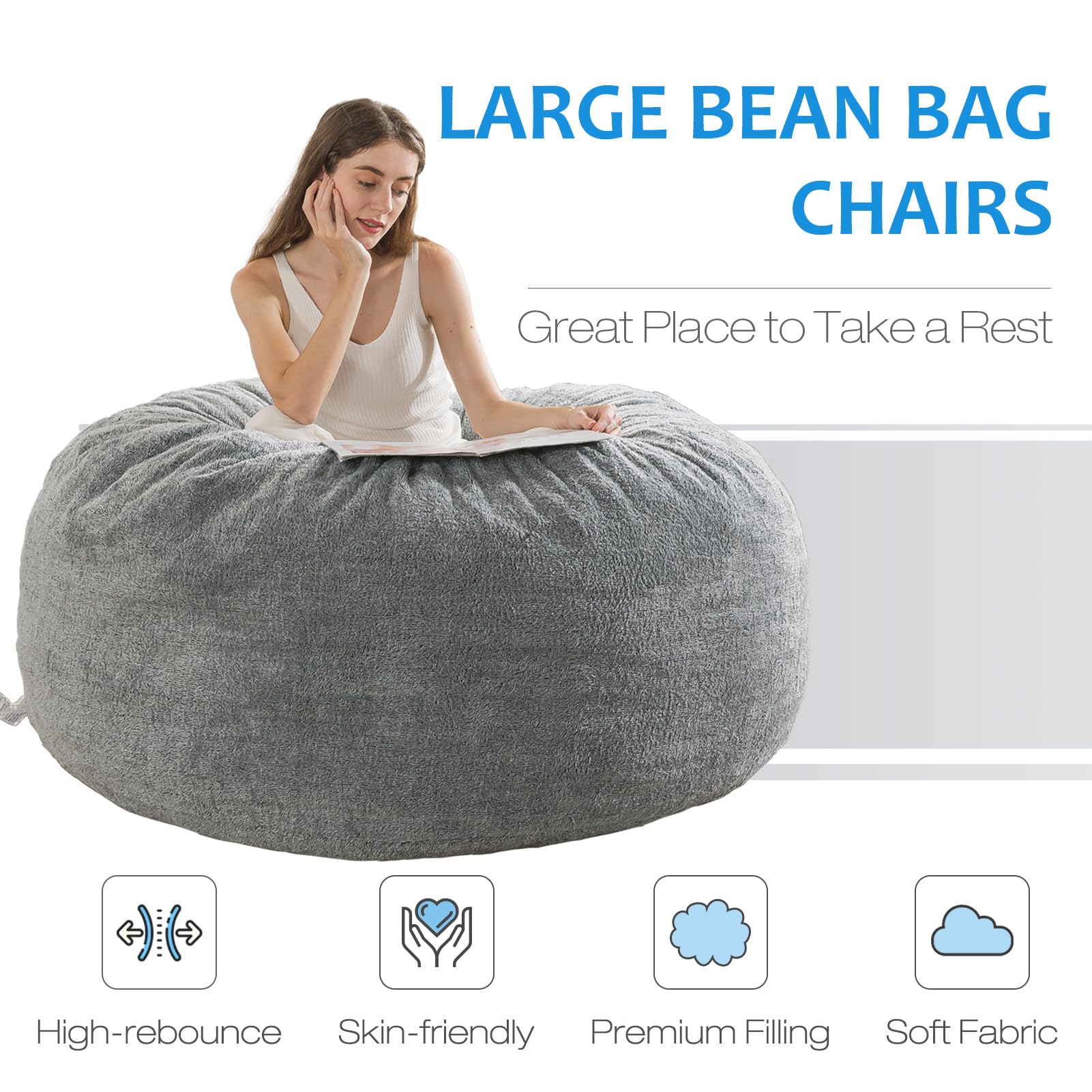 WhatsBedding [Sherpa Fabric] Bean Bag Chair: 3 ft Memory Foam Bean Bag Chairs for Teens/Kids with Filling,Ultra Soft Faux Fur Fabric, Large Bean Bag with Filler for Living Room,3 Foot,Light Grey