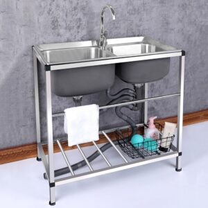 Outdoor Kitchen Sink Station,Stainless Steel Utility Sink,Portable Hand Washing Sink,Double Bowl Freestanding Commercial Laundry Sink with Faucet,for Restaurant,Bar,Camping,Garage,Workshop,Indoor ( Si