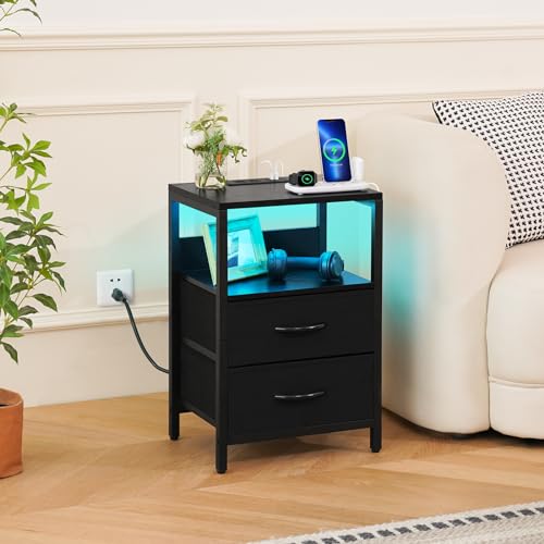 Yoobure Nightstand with Charging Station, LED Night Stand with Fabric Drawers and Storage Shelf for Bedroom, Nightstands Bedside Tables with USB Ports & Outlets, Small Night Stands, Bed Side Table