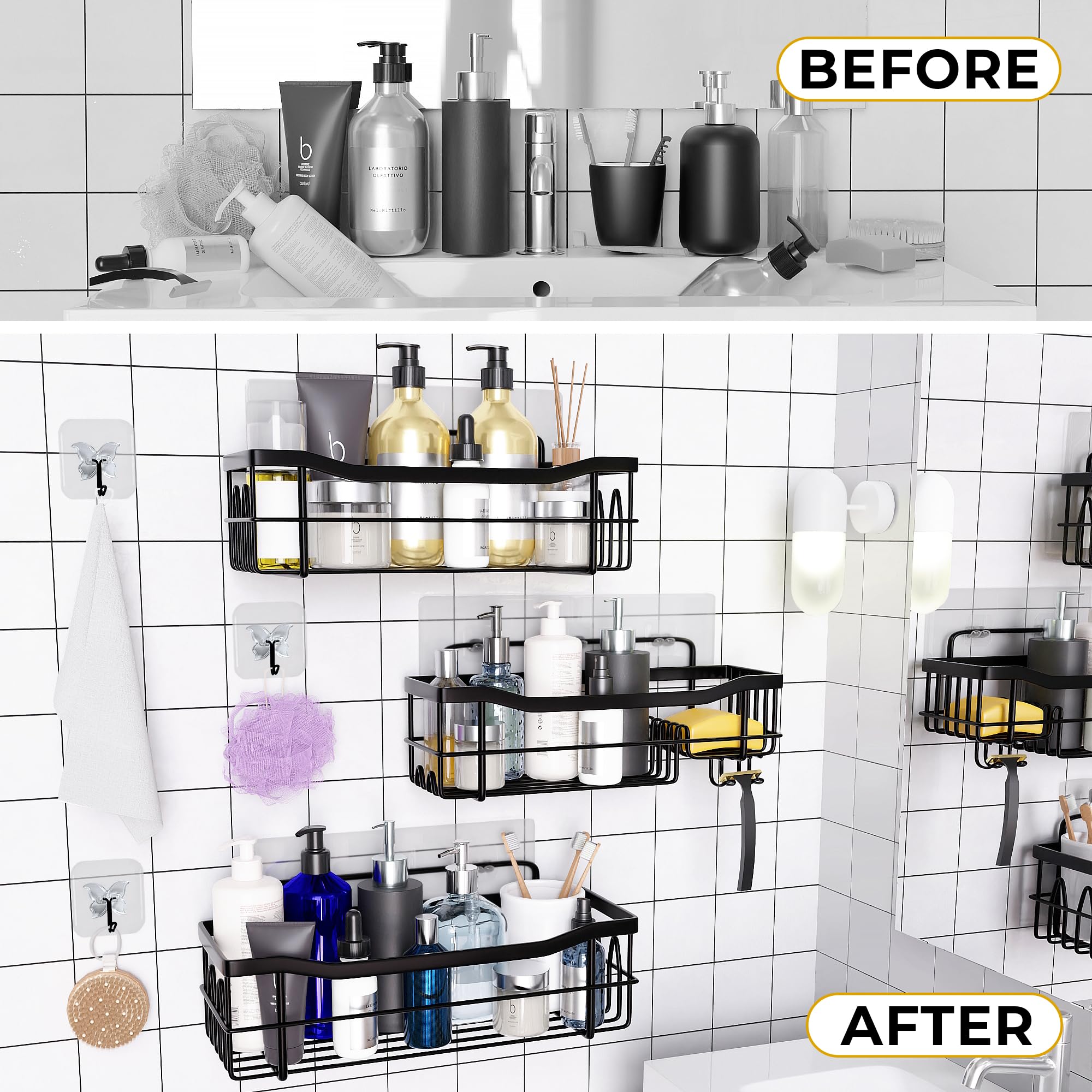 MAYRO Shower Shelves 6 Pack - Rustproof Shower Caddy - Easy to Install - Self Adhesive Bathroom Shower Organizer - Durable Shower Shelf for Inside Shower - Large Capacity Black Shower Rack