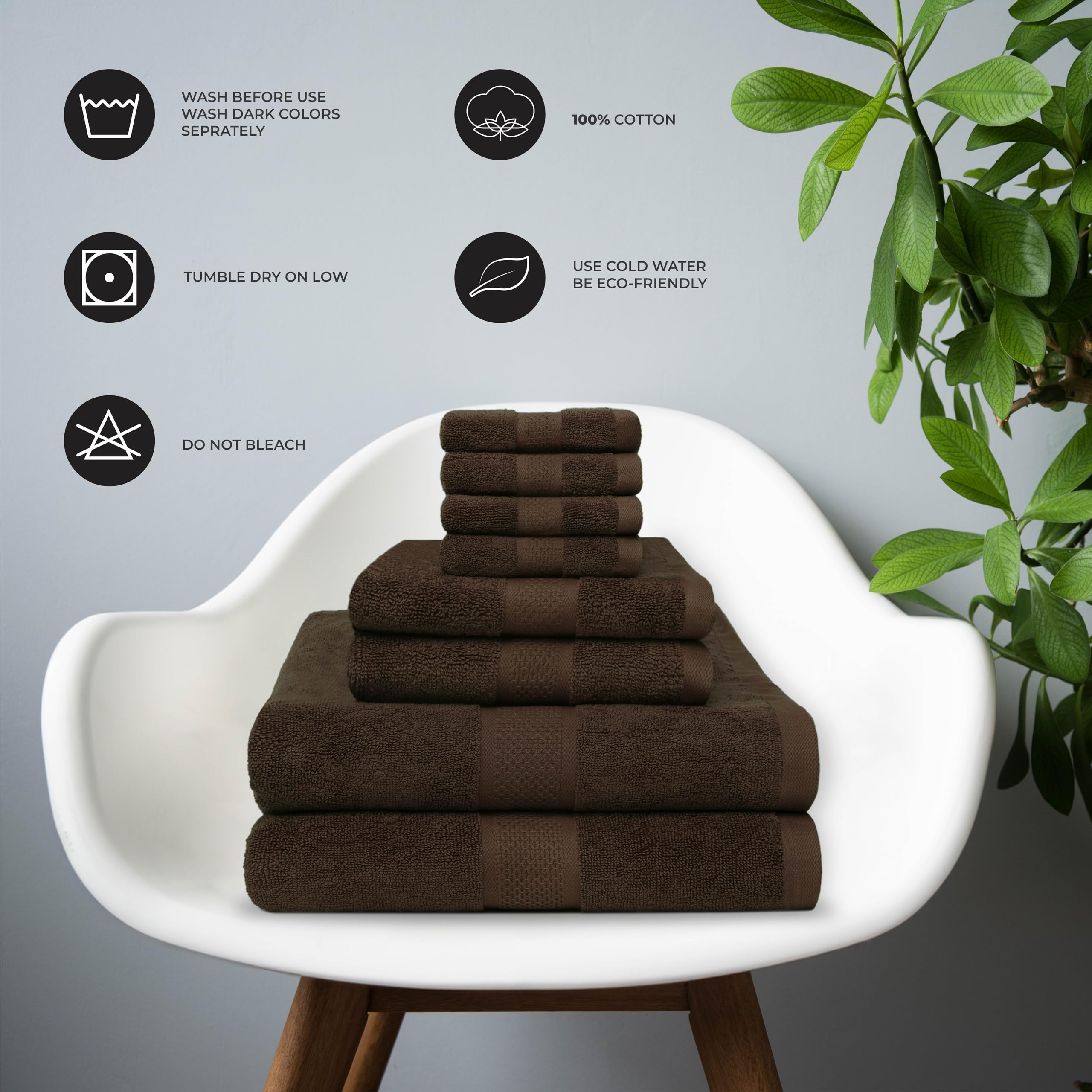 Ocean Towel Set for Bathroom 100% Luxury Cotton Bath Towels Set of 8 (2 Bath Towel and 2 Hand Towel Set & 4 Wash Cloth) Chocolate Brown Soft Towels Bathroom Set 600 GSM Double Stitched for Durability