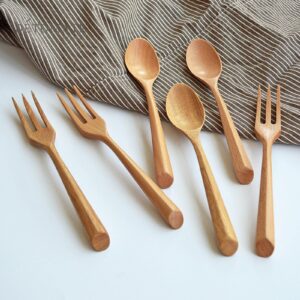 PIKETU Triangular Handle Wooden Spoon Fork Set Dessert Wooden Spoon Wooden Fork Student Portable Spoon Fork