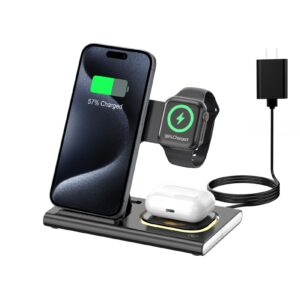 3 in 1 foldable charging station for apple products,fast wireless charger travel dock adapter&light for iphone 15/14/13/12/11/x/xs/xr 8,iwatch ultra2/9/ultra/8/7/6/se/5/4/3,pods 3/2/pro/2 (black)