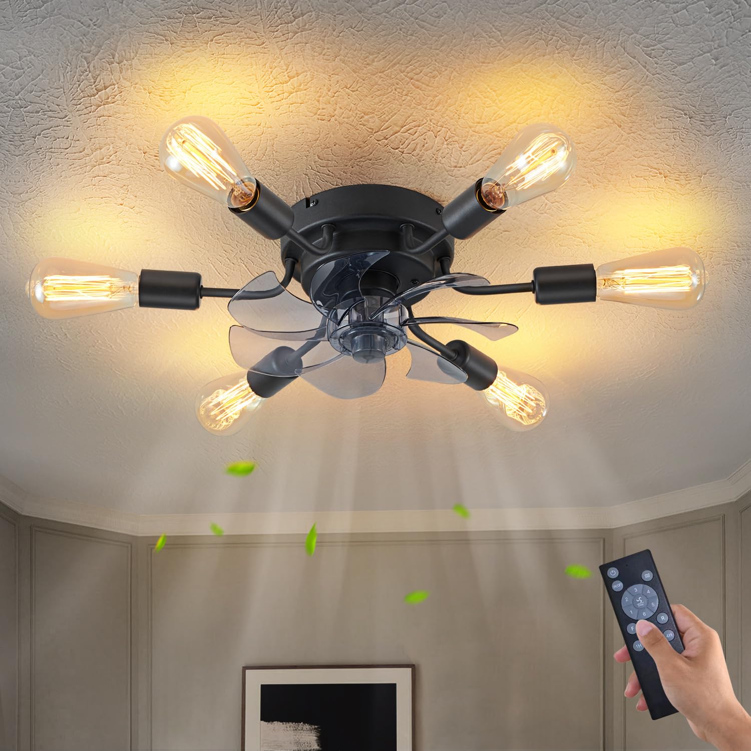 SIJINCHEN Modern Ceiling Fans with Lights Remote Control, Black Industrial Ceiling Fan with Dimmable Light, Low Profile Semi Flush Mount Ceiling Fan for Kitchen Bedroom Living Room, 6 light E26 Base