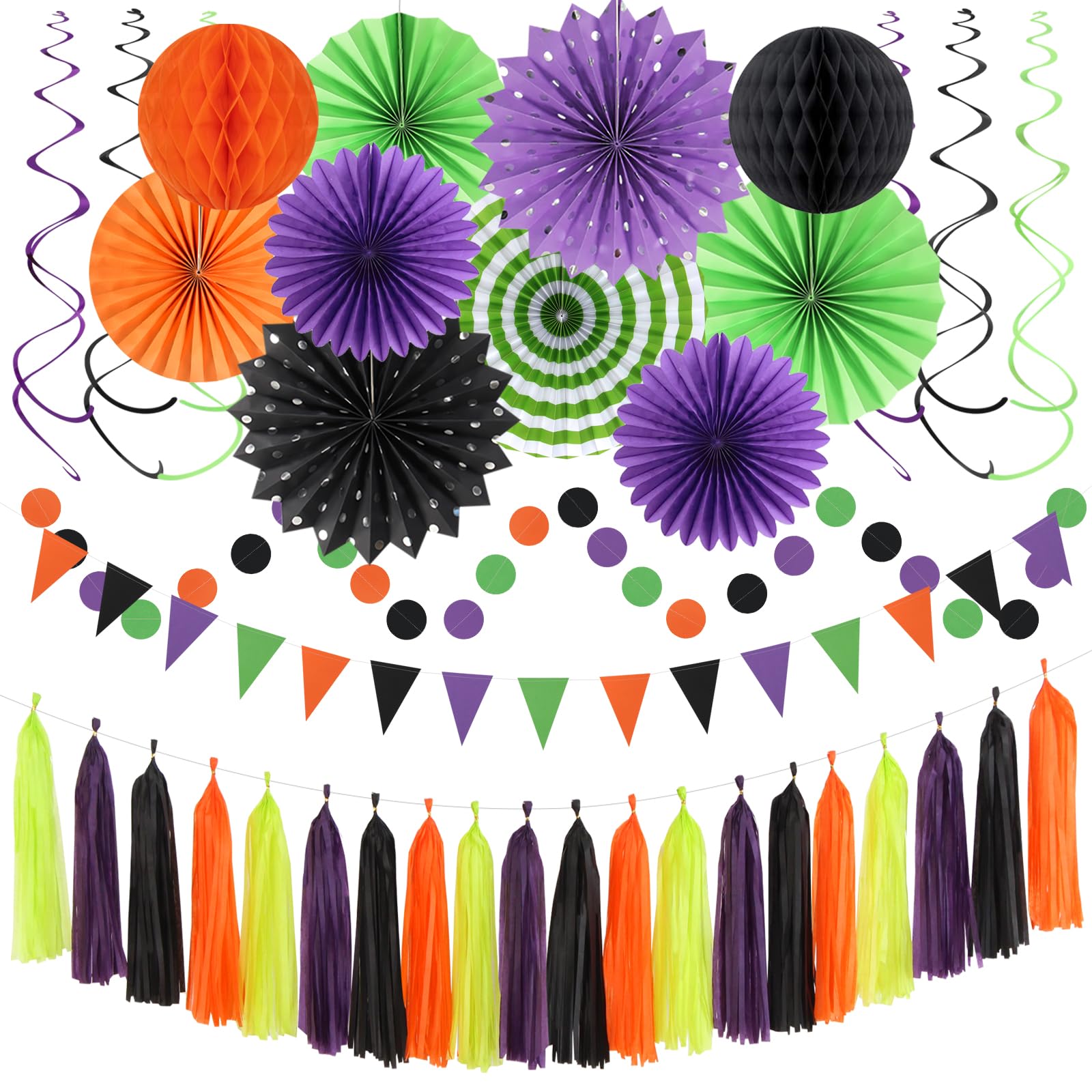 Orange Black Purple Green Party-Decorations - 33Pcs Banner,Halloween Streamers Tassel Garland,Tissue Pom Poms Honeycomb,Paper Lantern Fan,Birthday Wedding Baby Bridal Shower Decor Supplies Hugtmr