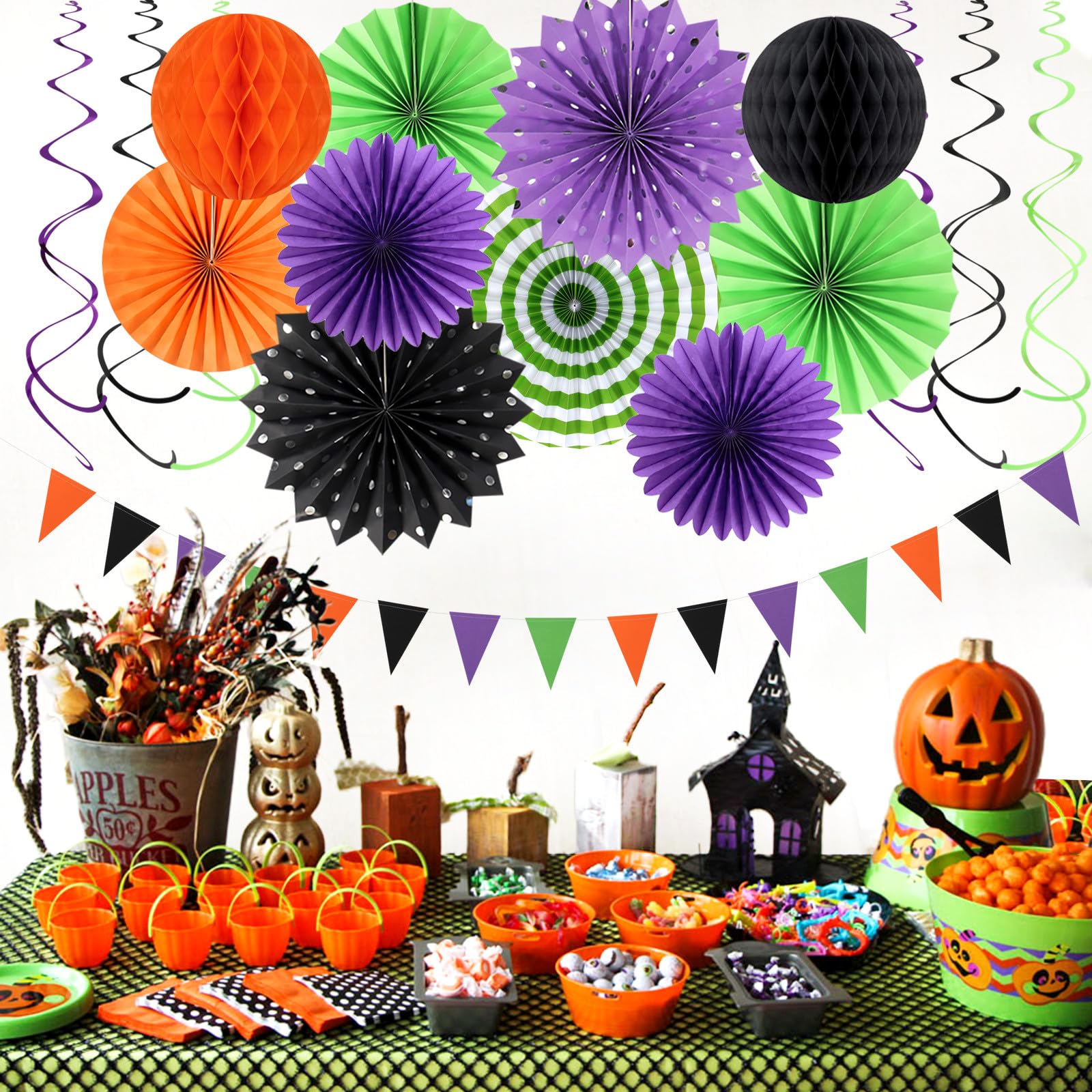 Orange Black Purple Green Party-Decorations - 33Pcs Banner,Halloween Streamers Tassel Garland,Tissue Pom Poms Honeycomb,Paper Lantern Fan,Birthday Wedding Baby Bridal Shower Decor Supplies Hugtmr