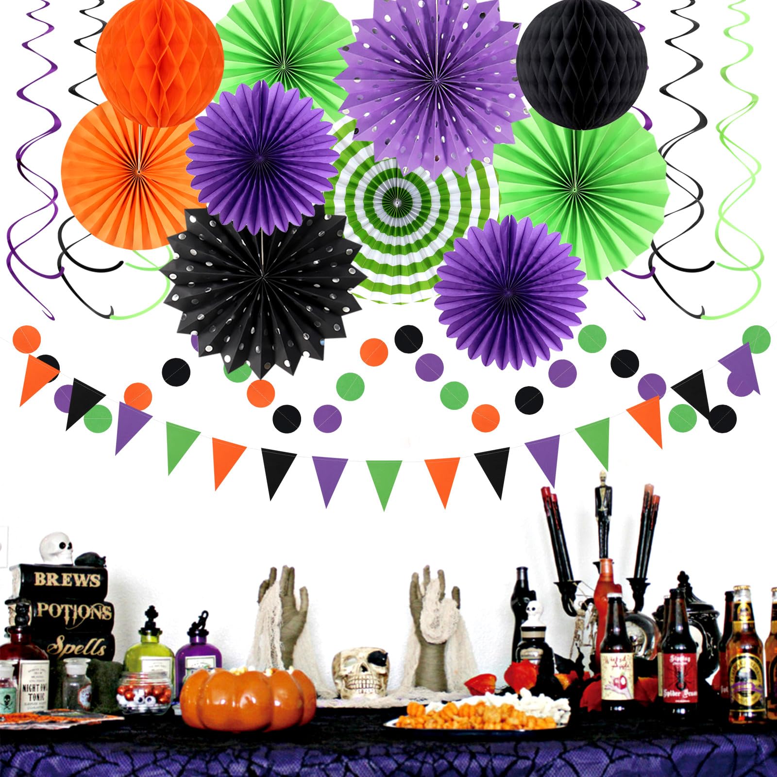 Orange Black Purple Green Party-Decorations - 33Pcs Banner,Halloween Streamers Tassel Garland,Tissue Pom Poms Honeycomb,Paper Lantern Fan,Birthday Wedding Baby Bridal Shower Decor Supplies Hugtmr