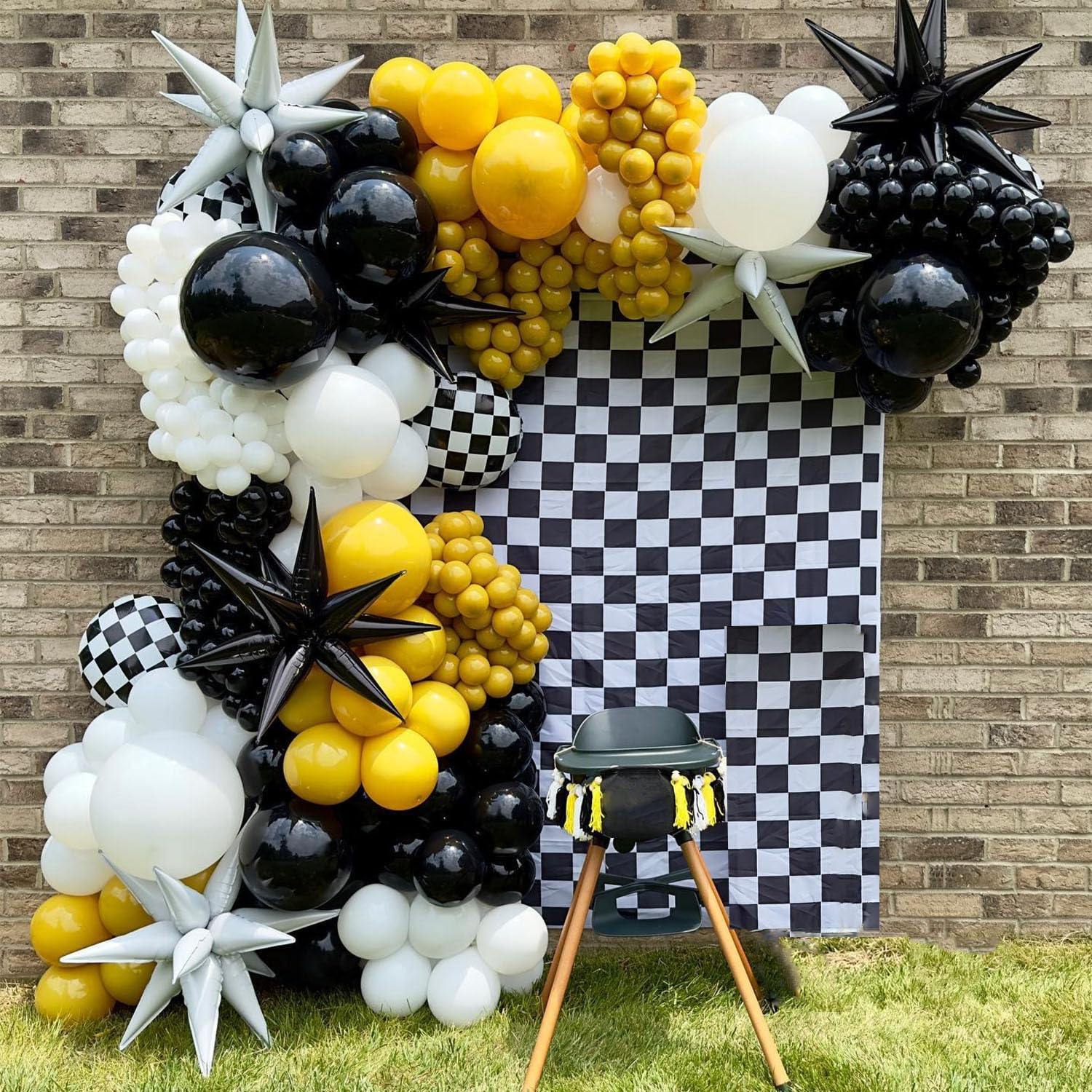 VitaCraft One Happy Dude Balloon Garland Arch Kit, 137Pcs Black White Mustard Yellow Balloons with Checkered Starburst Foil Balloons for One Happy Dude Birthday Smil-ey Face Party Decorations