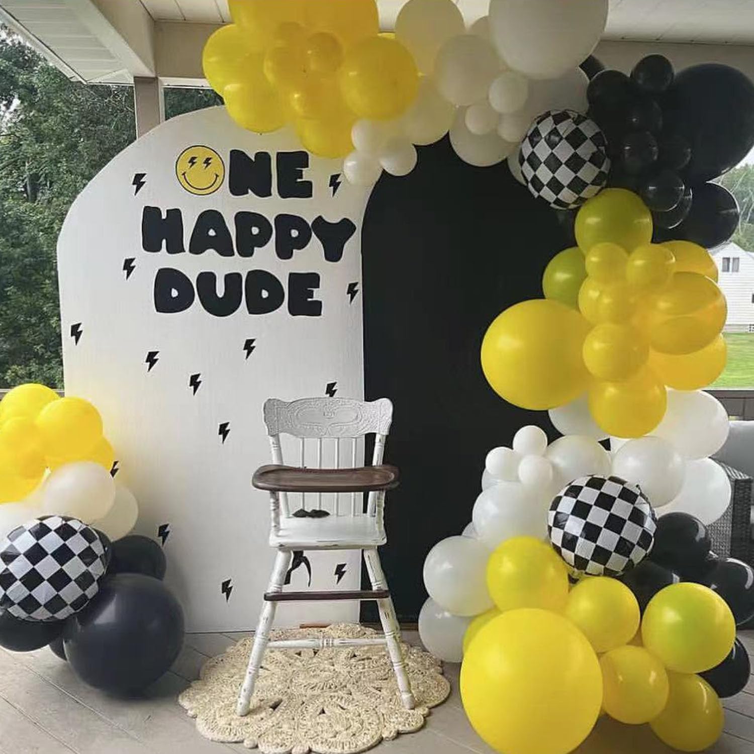 VitaCraft One Happy Dude Balloon Garland Arch Kit, 137Pcs Black White Mustard Yellow Balloons with Checkered Starburst Foil Balloons for One Happy Dude Birthday Smil-ey Face Party Decorations