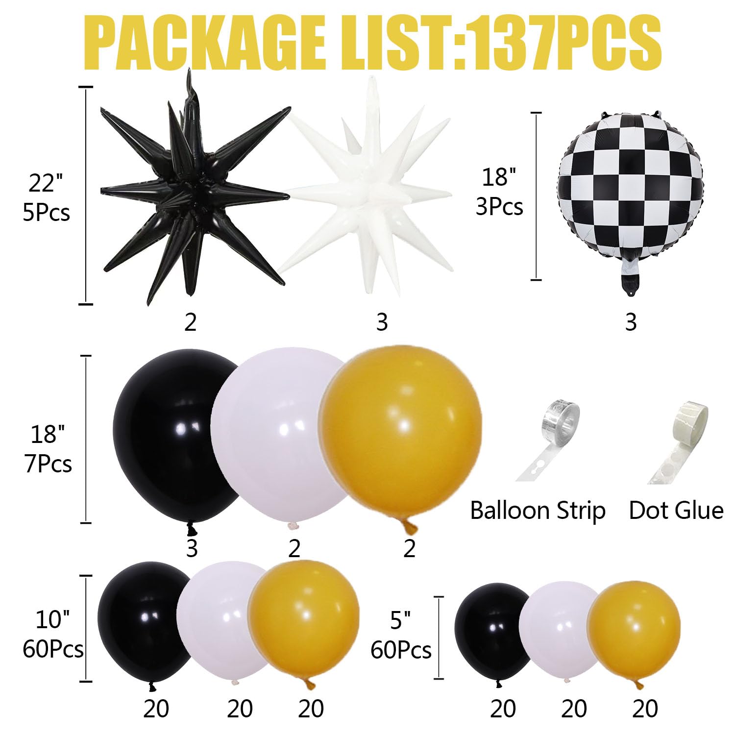 VitaCraft One Happy Dude Balloon Garland Arch Kit, 137Pcs Black White Mustard Yellow Balloons with Checkered Starburst Foil Balloons for One Happy Dude Birthday Smil-ey Face Party Decorations