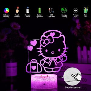 3D Anime Night Light Kitty Lamp Cat Night Light for Kids Kitty Room Decor Lights Kitty Gifts Cute Lamp with Remote & Smart Touch 16 Colors Dimmable Bedroom Decoration Gifts for Christmas Birthday Girl