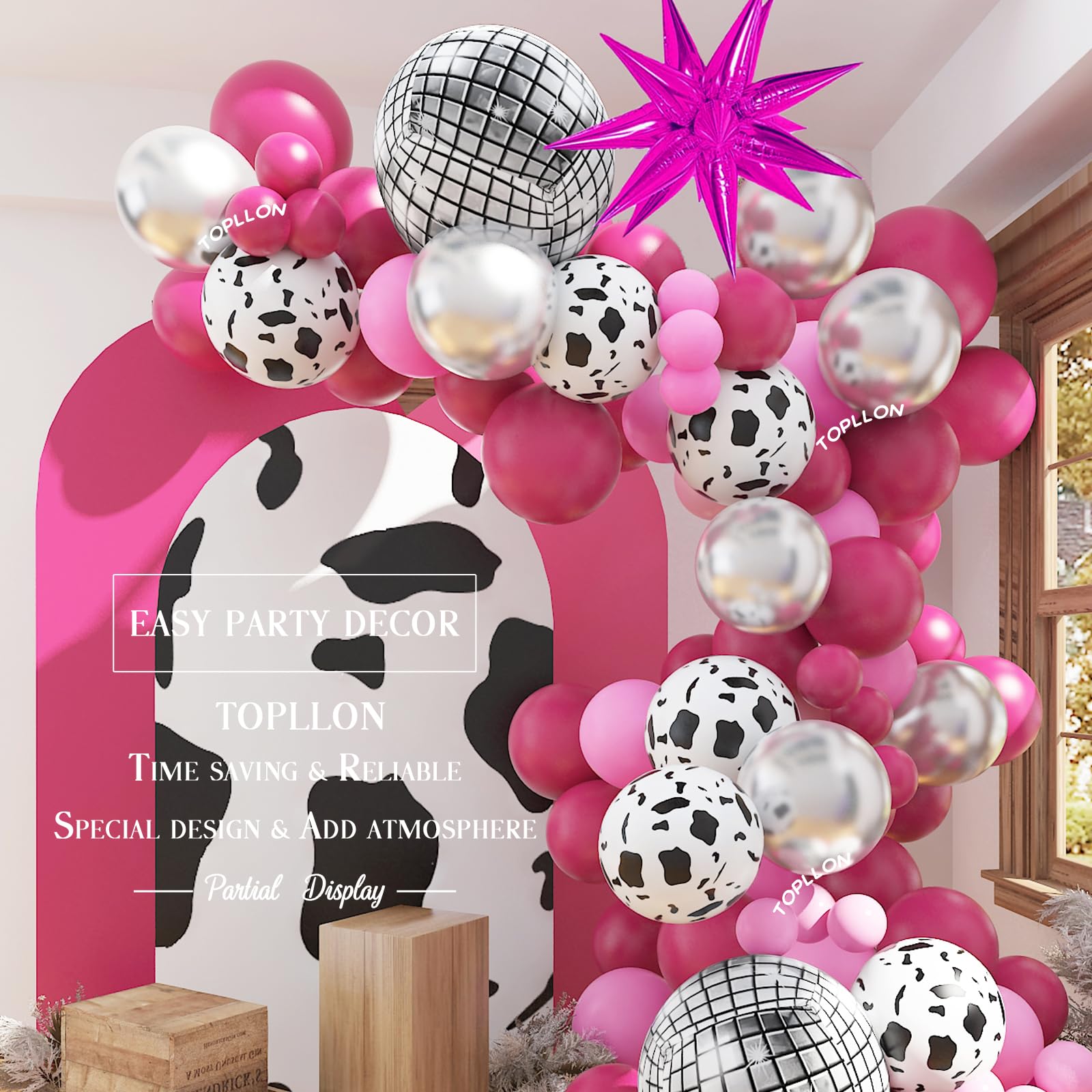 TOPLLON Disco Ball Balloons Arch Kit 8 Feet 10In Cow Print Balloons for Cowgirl Party Decorations with Starburst Foil Balloons for Bachelorette Western Party