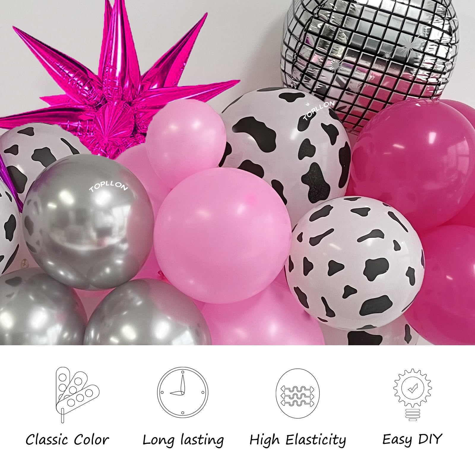 TOPLLON Disco Ball Balloons Arch Kit 8 Feet 10In Cow Print Balloons for Cowgirl Party Decorations with Starburst Foil Balloons for Bachelorette Western Party